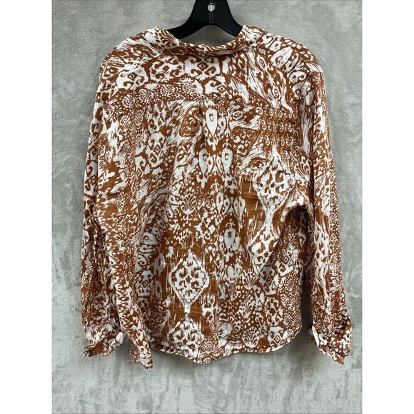 Garnet Hill Linen Top Women's 18 Ikat‎ Burnt Mustard Gold Button Up Collared - Picture 3 of 7